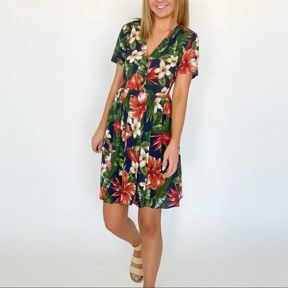 For Days Hawaiian Mini Sun Dress XS Blue Tropical Floral V Neck Short Sleeve